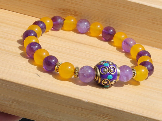 Yellow Topaz bracelet with Amethyst and Handmade Indonesia Bead, with Crystal AB Rhinestone and Antique Silver Tone Brass
