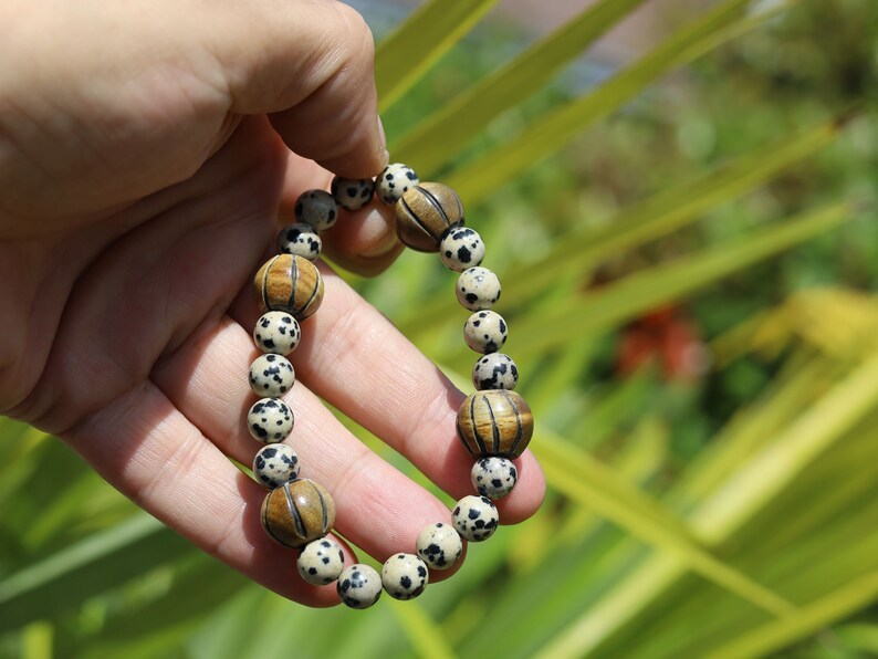 Dalmatian Jasper beaded bracelet with large round wooden beads, that look like Horn beads. Perfect handmade gifts