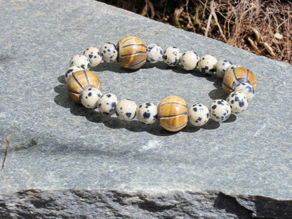 Dalmatian Jasper beaded bracelet with large round wooden beads, that look like Horn beads. Perfect handmade gifts