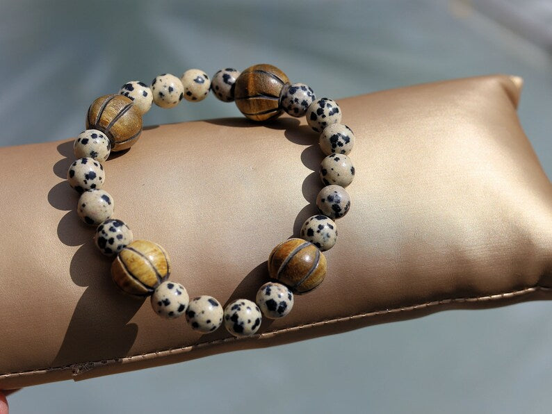 Dalmatian Jasper beaded bracelet with large round wooden beads, that look like Horn beads. Perfect handmade gifts