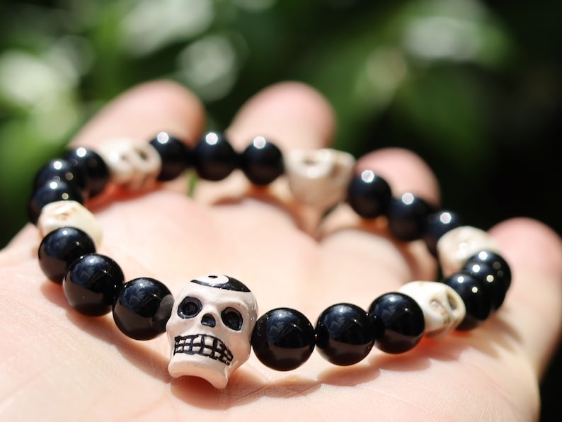 Large glazed ceramic bead Yin Yang Skull with black agate beads and real Howlite Skulls. emotional stability, and enhancing focus
