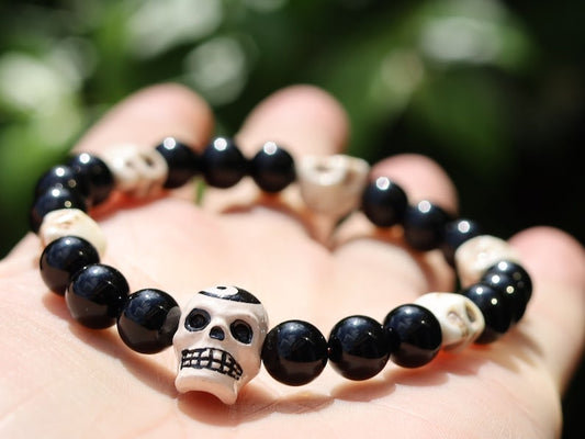 Large glazed ceramic bead Yin Yang Skull with black agate beads and real Howlite Skulls. emotional stability, and enhancing focus