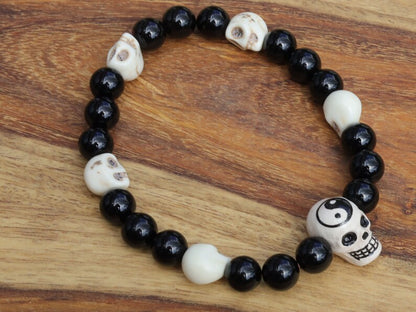 Large glazed ceramic bead Yin Yang Skull with black agate beads and real Howlite Skulls. emotional stability, and enhancing focus
