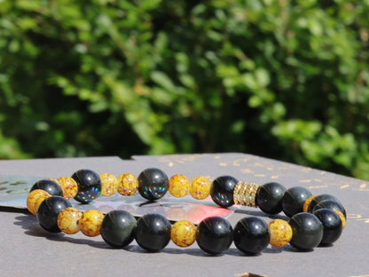 Beautiful Marble-look Glass beads with Obsidian beads. helping to shield against negative energies and promoting grounding and balance
