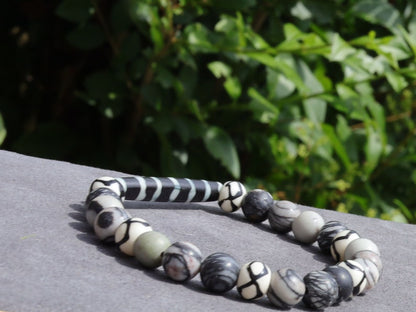 Very nice, long Bone Hairpipe bead bracelet with Spiderweb Jasper and Wavy Line & Dots Bone Beads. on-trend unique jewelry