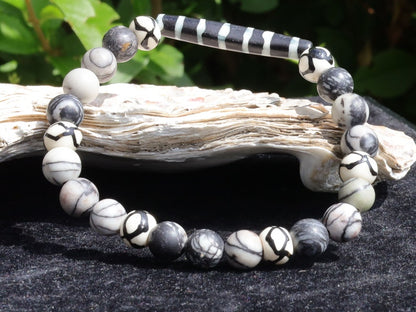 Very nice, long Bone Hairpipe bead bracelet with Spiderweb Jasper and Wavy Line & Dots Bone Beads. on-trend unique jewelry
