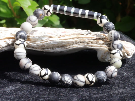 Very nice, long Bone Hairpipe bead bracelet with Spiderweb Jasper and Wavy Line & Dots Bone Beads. on-trend unique jewelry