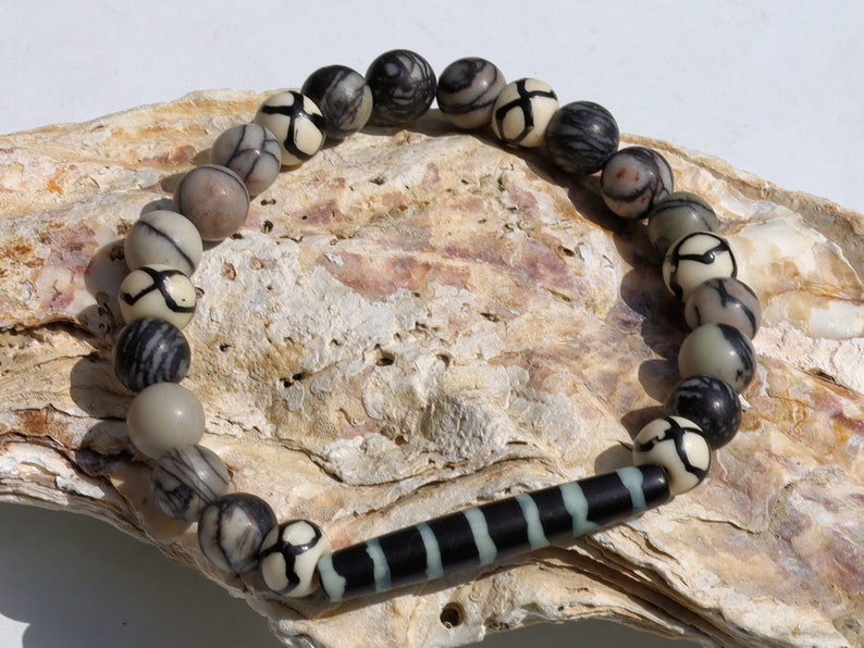 Very nice, long Bone Hairpipe bead bracelet with Spiderweb Jasper and Wavy Line & Dots Bone Beads. on-trend unique jewelry