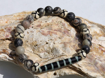 Very nice, long Bone Hairpipe bead bracelet with Spiderweb Jasper and Wavy Line & Dots Bone Beads. on-trend unique jewelry
