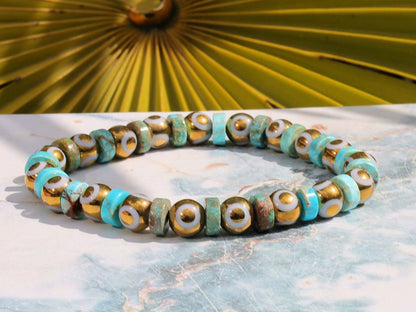 Gold Electroplate Glass Beads with Evil Eye Pattern. Heishi spacer beads. Sea Sediment Jasper turquoise blue. Material: Stone