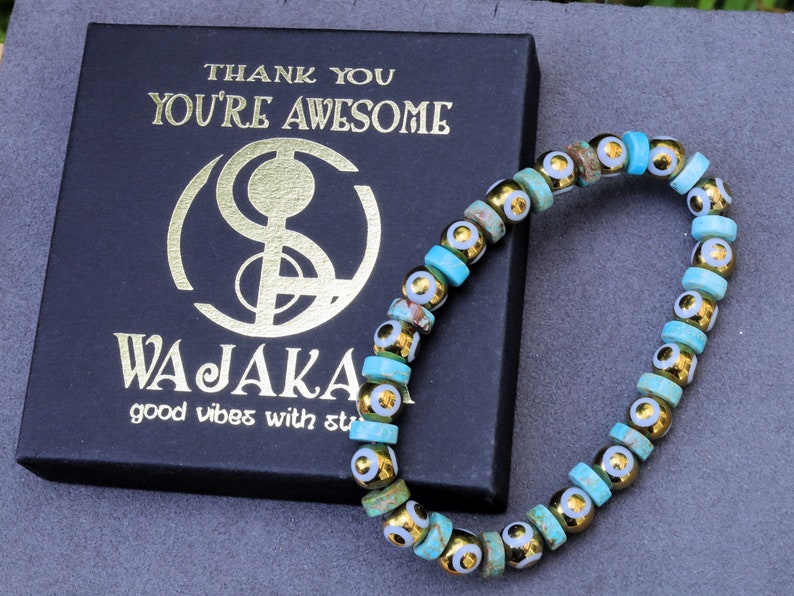 Gold Electroplate Glass Beads with Evil Eye Pattern. Heishi spacer beads. Sea Sediment Jasper turquoise blue. Material: Stone
