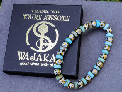 Gold Electroplate Glass Beads with Evil Eye Pattern. Heishi spacer beads. Sea Sediment Jasper turquoise blue. Material: Stone