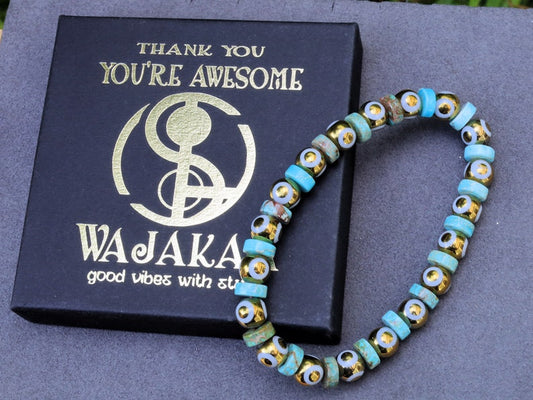 Gold Electroplate Glass Beads with Evil Eye Pattern. Heishi spacer beads. Sea Sediment Jasper turquoise blue. Material: Stone