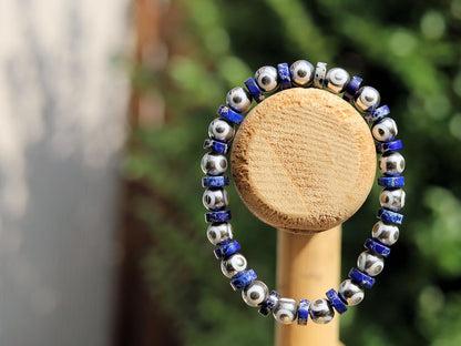 Silver Electroplate Glass Beads with Evil Eye Pattern. Heishi spacer beads. Sea Sediment Jasper Lapis Blue. Material: Stone