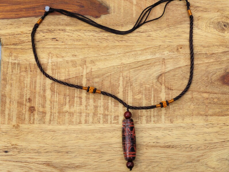 Good Quality Rare Tibetan Agate Dzi Hand Carved *Ritual Implement* Bead. With Hand Knotted Adjustable Cord String Necklace.