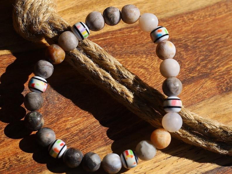Bamboo leaf agate, also known as bamboo agate or bamboo jasper. Bracelet with unique glass spacer beads. nature and the vitality