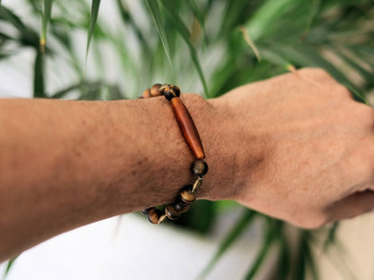 Natural Matte Tiger's Eye Tiger Eye bracelet with Wire beads and  beautiful, large handmade Horn bead. one-of-a-kind jewelry