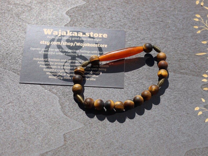 Natural Matte Tiger's Eye Tiger Eye bracelet with Wire beads and  beautiful, large handmade Horn bead. one-of-a-kind jewelry