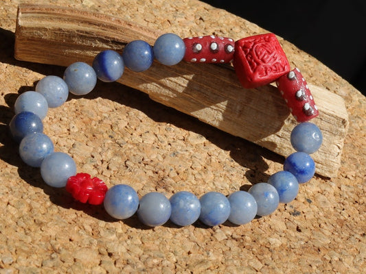 Red Coral in beautiful carved Flower shape with  Frosted Spot Jasper beads and beautiful Ghana powder Glass Trade Beads