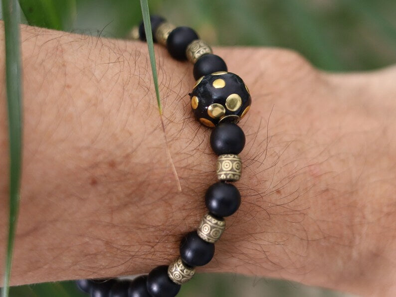 Black Dull Matte Onyx Agates bracelet with  Handmade Indonesia Beads and Tibetan Style Alloy Beads. WAJAKAA DESIGNS
