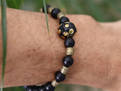 Black Dull Matte Onyx Agates bracelet with  Handmade Indonesia Beads and Tibetan Style Alloy Beads. WAJAKAA DESIGNS