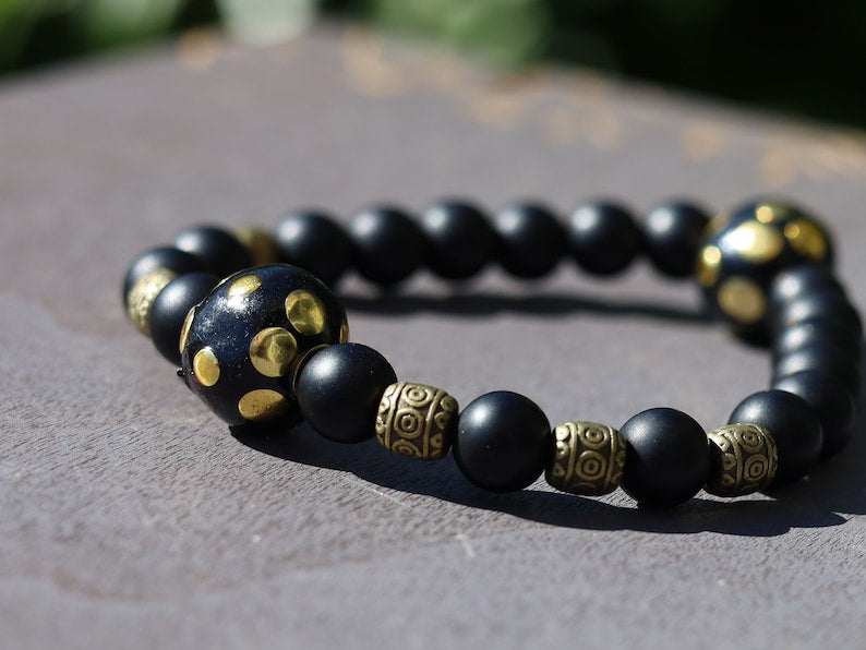 Black Dull Matte Onyx Agates bracelet with  Handmade Indonesia Beads and Tibetan Style Alloy Beads. WAJAKAA DESIGNS