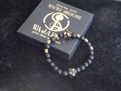 Black Dull Matte Onyx Agates bracelet with  Handmade Indonesia Beads and Tibetan Style Alloy Beads. WAJAKAA DESIGNS