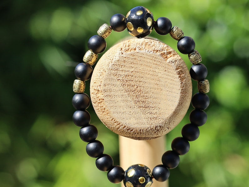 Black Dull Matte Onyx Agates bracelet with  Handmade Indonesia Beads and Tibetan Style Alloy Beads. WAJAKAA DESIGNS