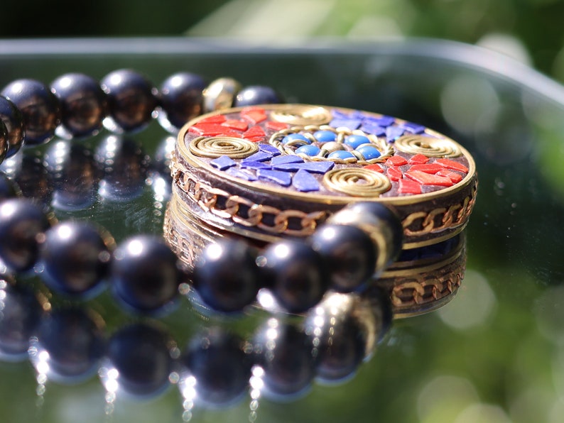 10mm  Shungite beaded bracelet with Handmade Indonesia Beads with Unplated Brass Findings, Flat Round. grounding and protection