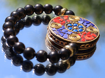 10mm  Shungite beaded bracelet with Handmade Indonesia Beads with Unplated Brass Findings, Flat Round. grounding and protection