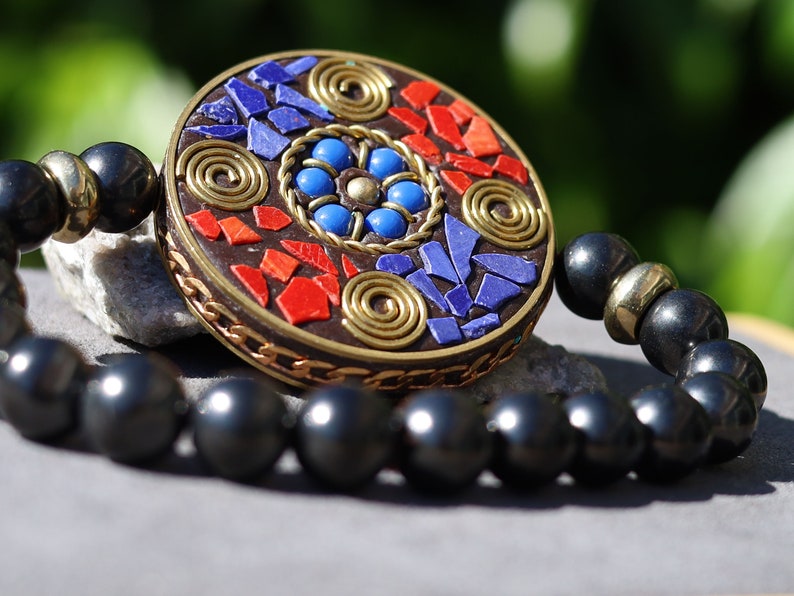 10mm  Shungite beaded bracelet with Handmade Indonesia Beads with Unplated Brass Findings, Flat Round. grounding and protection