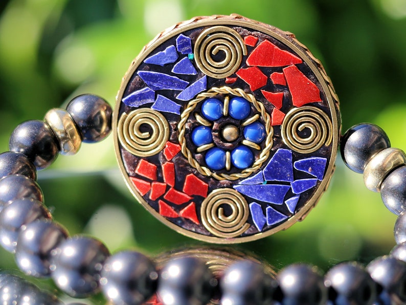 10mm  Shungite beaded bracelet with Handmade Indonesia Beads with Unplated Brass Findings, Flat Round. grounding and protection