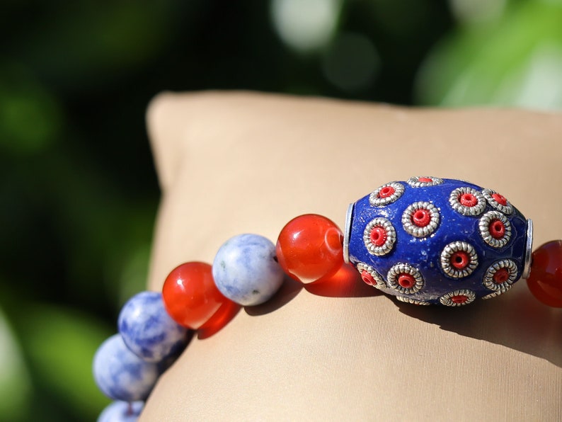 Natural Blue Spot Jasper Round Beaded bracelet with Carnelian and Handmade Indonesia Bead.  more self-confidence