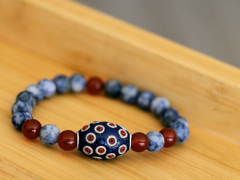 Natural Blue Spot Jasper Round Beaded bracelet with Carnelian and Handmade Indonesia Bead.  more self-confidence