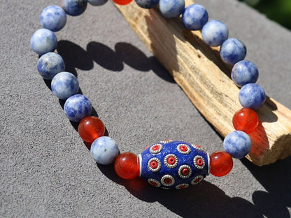 Natural Blue Spot Jasper Round Beaded bracelet with Carnelian and Handmade Indonesia Bead.  more self-confidence