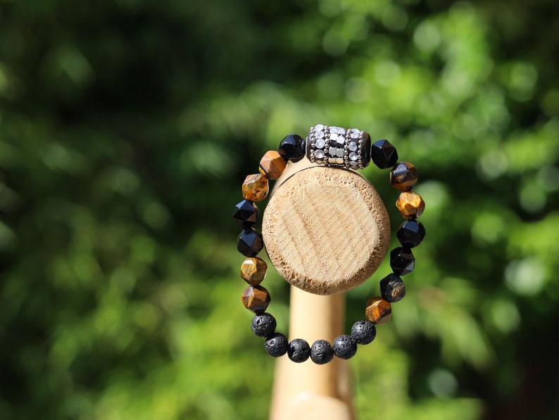 Hexagoon Tiger eye beaded bracelet with Handmade Indonesia Bead, with Iron Chains, Rhinestone and Brass Findings and Lava beads.
