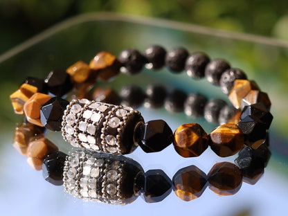 Hexagoon Tiger eye beaded bracelet with Handmade Indonesia Bead, with Iron Chains, Rhinestone and Brass Findings and Lava beads.
