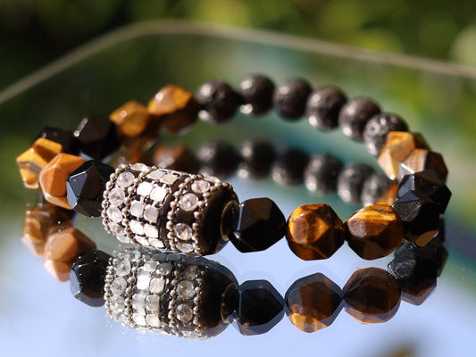 Hexagoon Tiger eye beaded bracelet with Handmade Indonesia Bead, with Iron Chains, Rhinestone and Brass Findings and Lava beads.