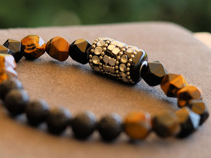Hexagoon Tiger eye beaded bracelet with Handmade Indonesia Bead, with Iron Chains, Rhinestone and Brass Findings and Lava beads.