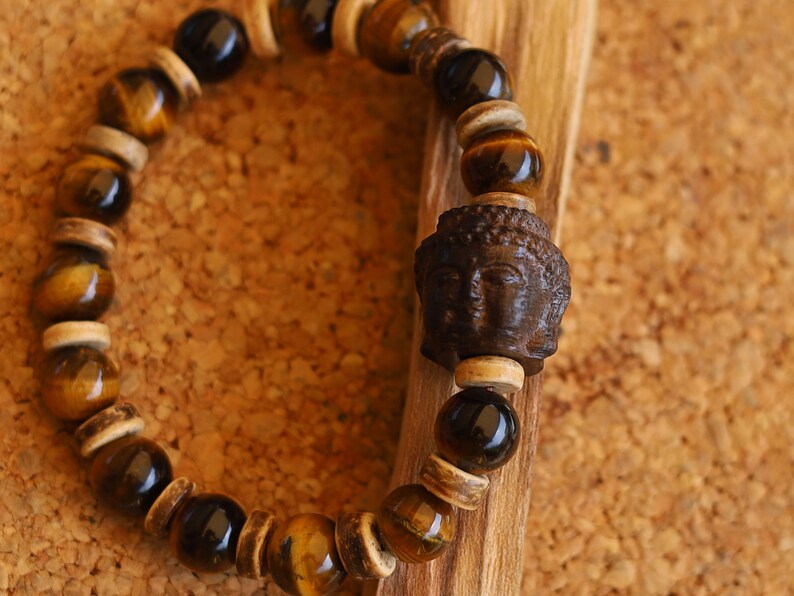 Handmade Rosewood BUDDHA bracelet with Tiger’s Eye and  Disc coconut beads.  especially protective during travel