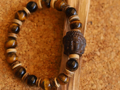 Handmade Rosewood BUDDHA bracelet with Tiger’s Eye and  Disc coconut beads.  especially protective during travel