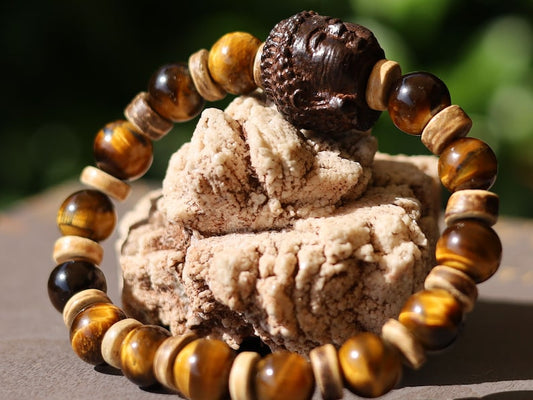 Handmade Rosewood BUDDHA bracelet with Tiger’s Eye and  Disc coconut beads.  especially protective during travel