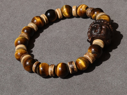 Handmade Rosewood BUDDHA bracelet with Tiger’s Eye and  Disc coconut beads.  especially protective during travel