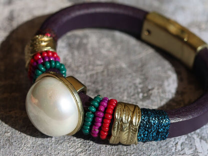 Bracelet with pearl, PU leather, Magnetic Clasp, multi color, Ibizagift , women's bracelets , leather bracelets ,must have , jewelry, style