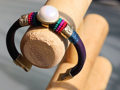 Bracelet with pearl, PU leather, Magnetic Clasp, multi color, Ibizagift , women's bracelets , leather bracelets ,must have , jewelry, style