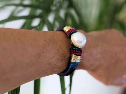Bracelet with pearl, PU leather, Magnetic Clasp, multi color, Ibizagift , women's bracelets , leather bracelets ,must have , jewelry, style