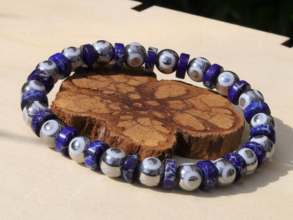 Silver Electroplate Glass Beads with Evil Eye Pattern. Heishi spacer beads. Sea Sediment Jasper Lapis Blue. Material: Stone
