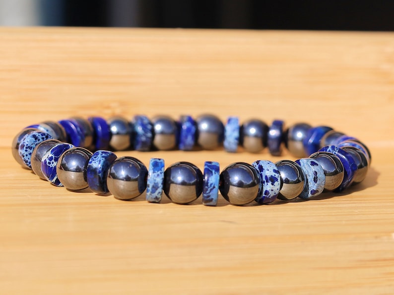 Hematite beads round 8mm grey with Sea Sediment Jasper Lapis Blue. Material: Stone