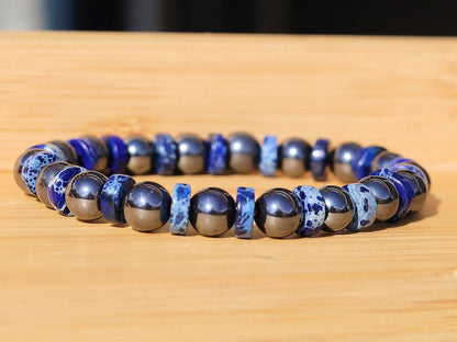 Hematite beads round 8mm grey with Sea Sediment Jasper Lapis Blue. Material: Stone