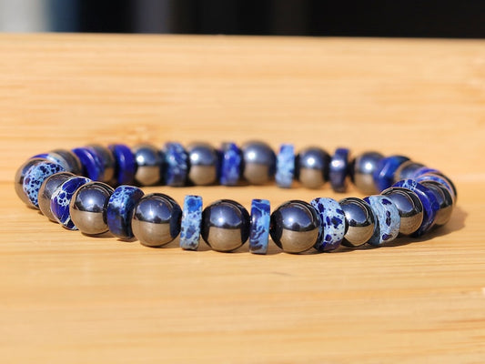 Hematite beads round 8mm grey with Sea Sediment Jasper Lapis Blue. Material: Stone
